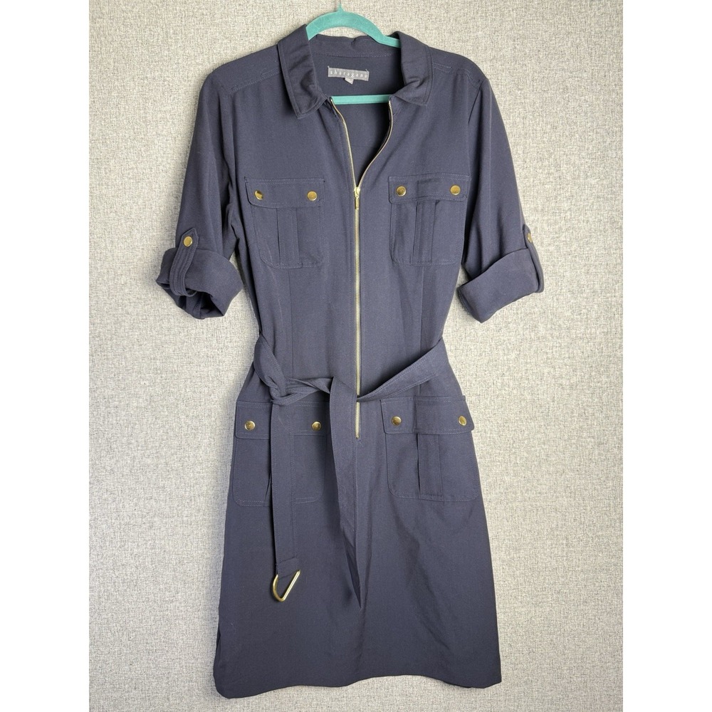 Sharagano Belted Navy Blue‎ Shirt Dress Pockets Utility Style 14 XL